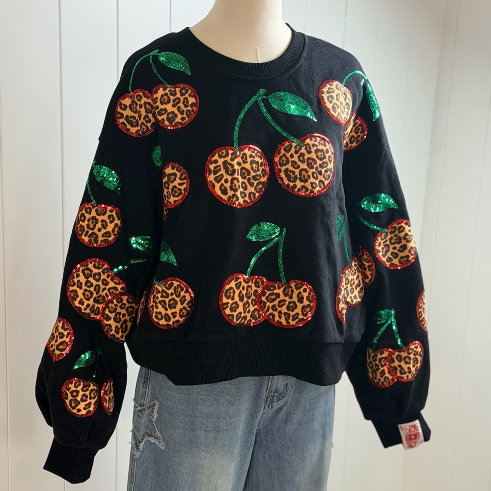 NEW Queen of Sparkles-Black Leopard Cherry Sweatshirt